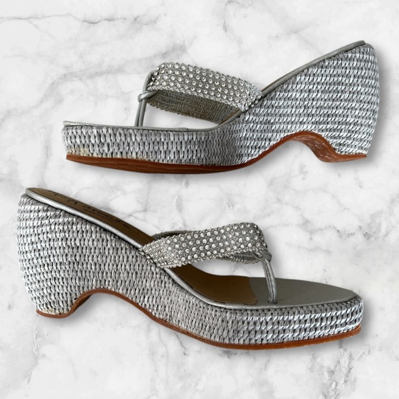 Paloma Barcelo Silver Rhinestone Thong Wedge Platform Sandals Euro 38 US Size 8 - Picture 4 of 12